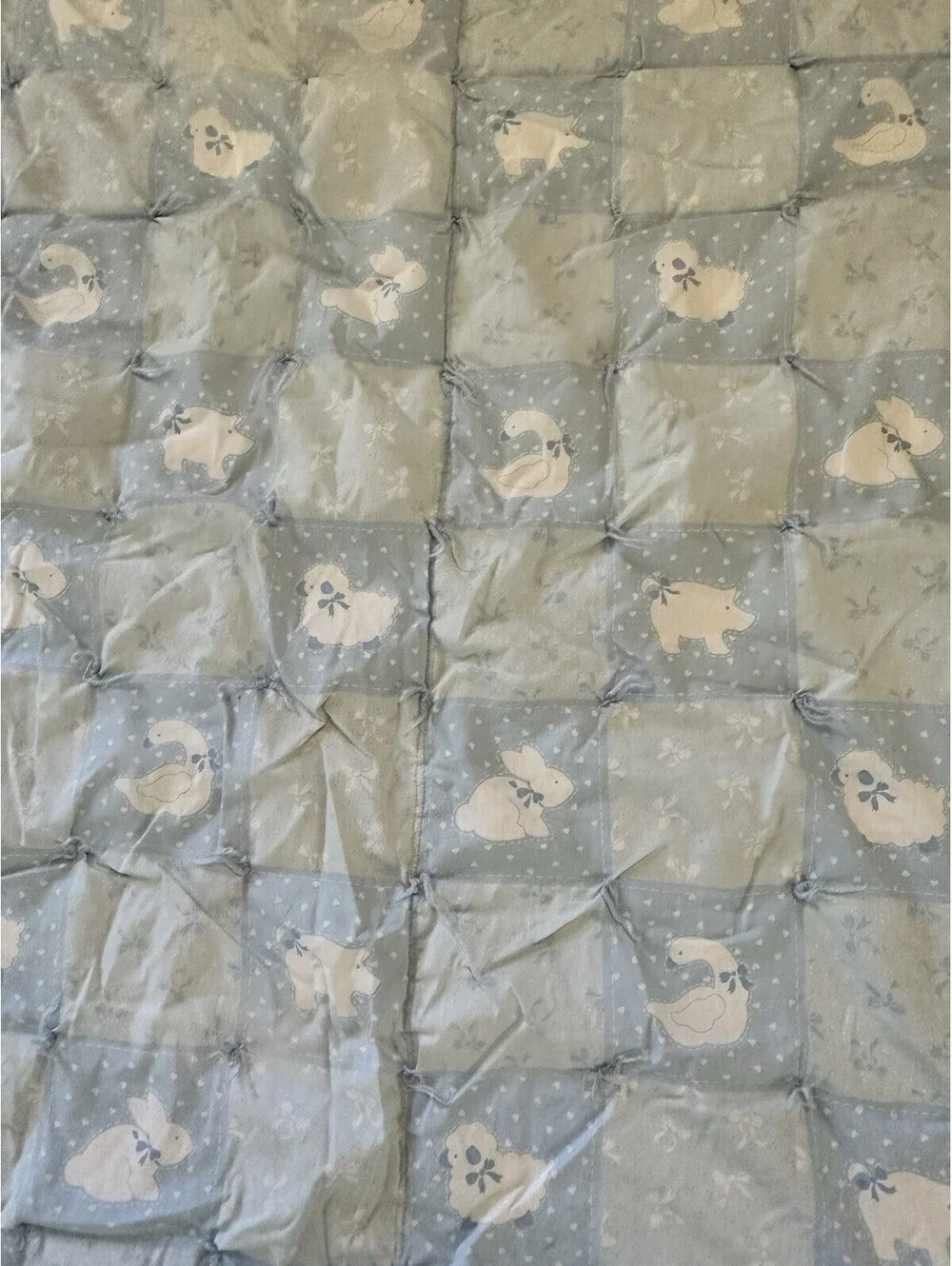 Vintage Baby Quilt Top Blanket Animals 34x41” Blue White Nursery New Mom Gift
